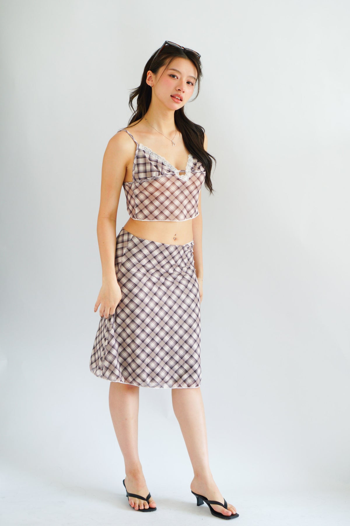 Patsy Plaid Low V Neck Crop Top & Midi Skirt 2 Piece Set in Brown