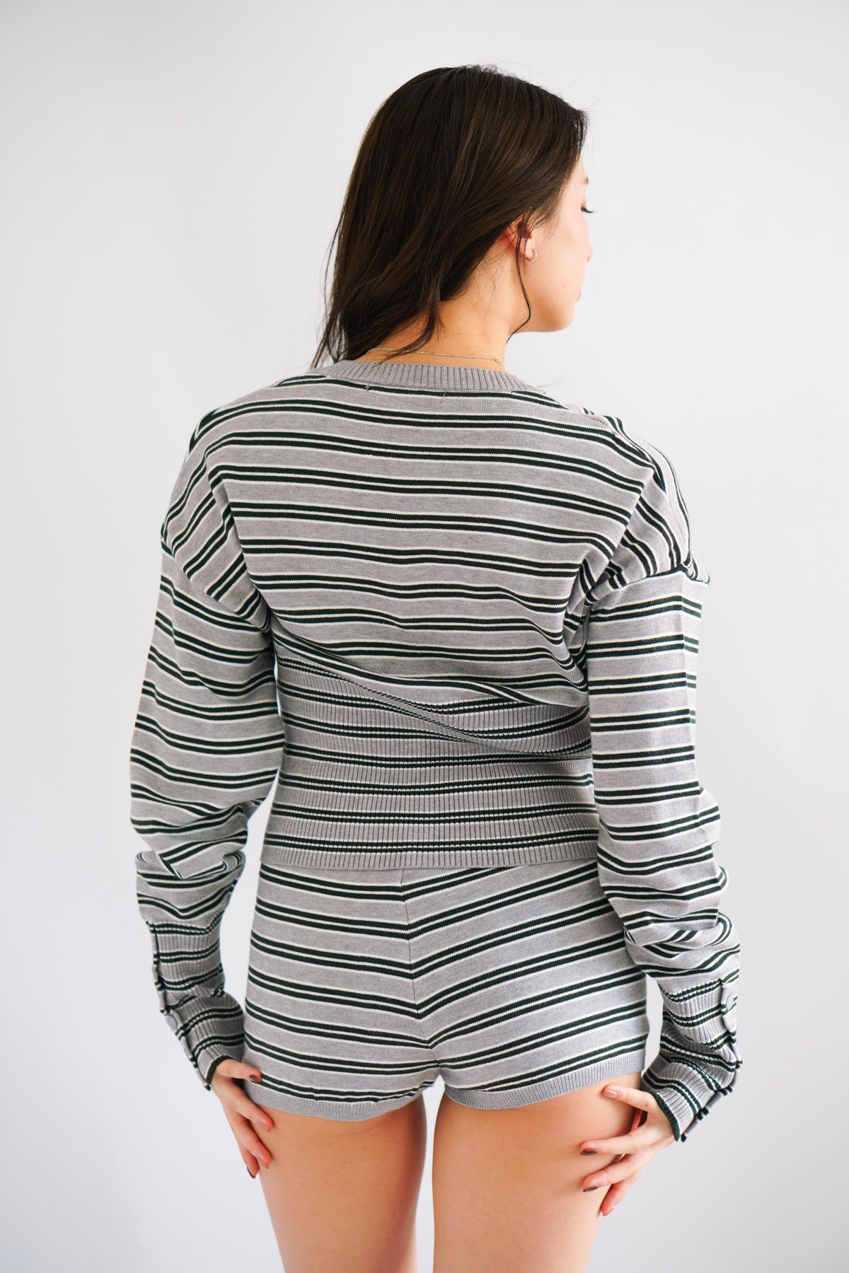 Nikka Stripes Button Down Knit 2 Piece Set in Grey