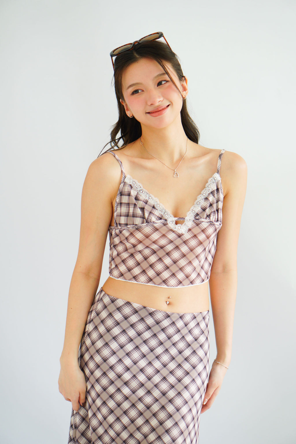 Patsy Plaid Low V Neck Crop Top & Midi Skirt 2 Piece Set in Brown