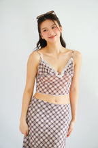 Patsy Plaid Low V Neck Crop Top & Midi Skirt 2 Piece Set in Brown