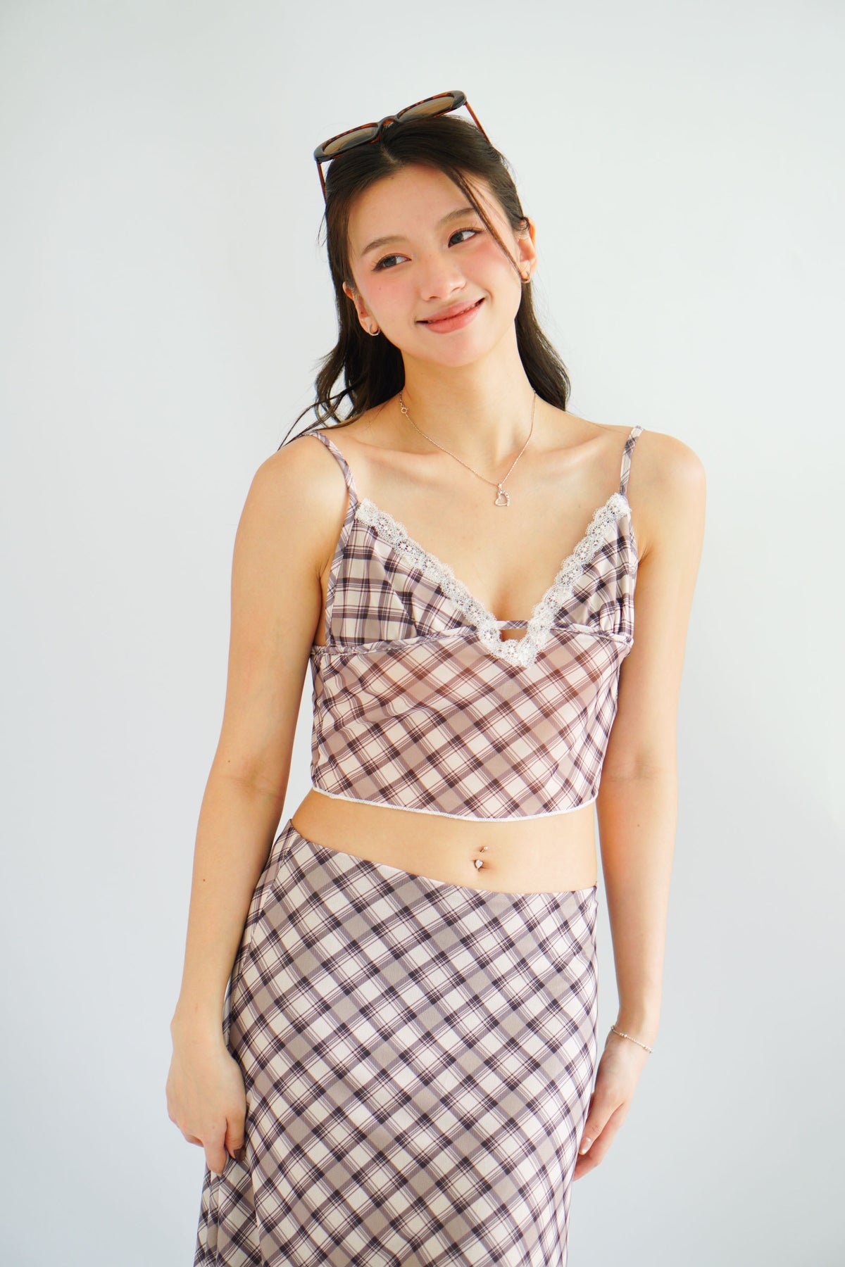 Patsy Plaid Low V Neck Crop Top & Midi Skirt 2 Piece Set in Brown