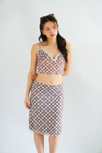 Patsy Plaid Low V Neck Crop Top & Midi Skirt 2 Piece Set in Brown