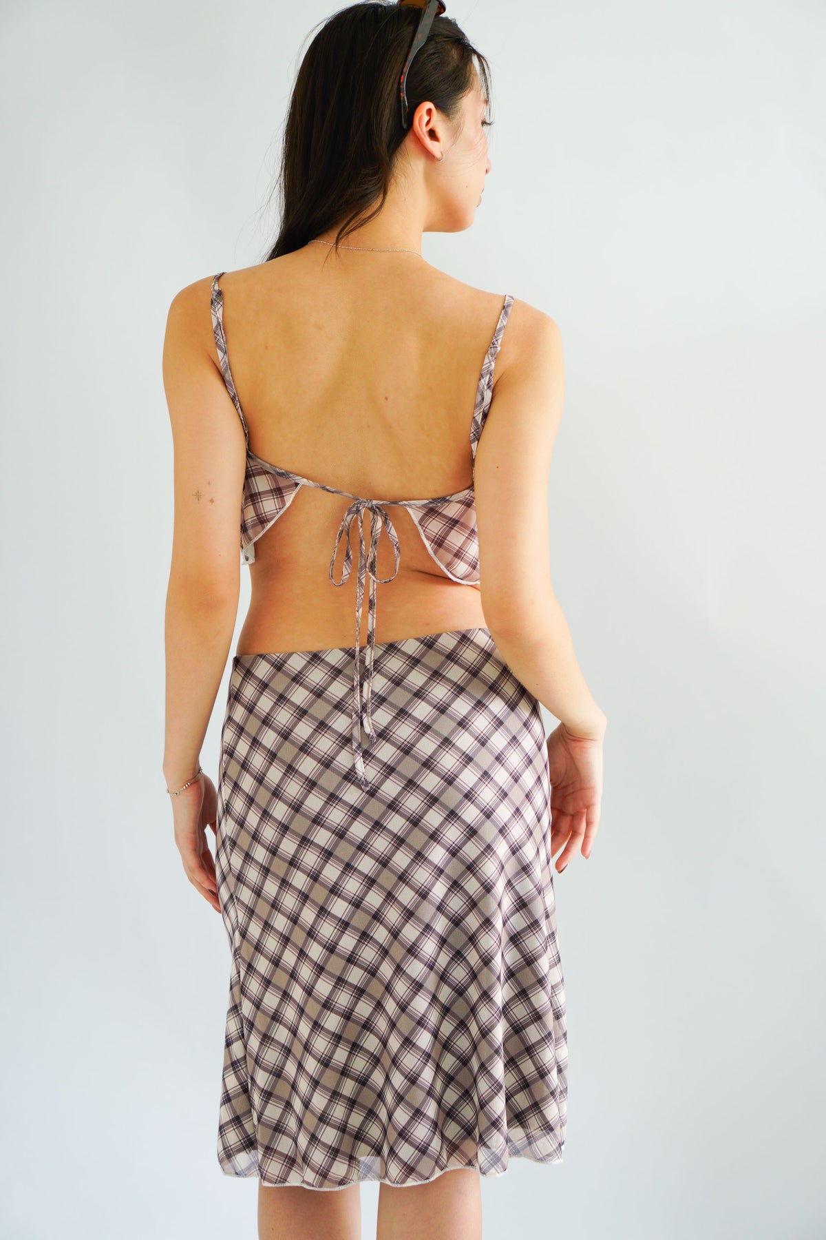 Patsy Plaid Low V Neck Crop Top & Midi Skirt 2 Piece Set in Brown