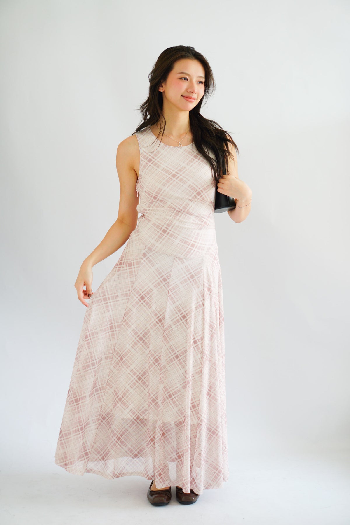 Shermaine Plaid A-line Maxi Dress in Beige Khaki