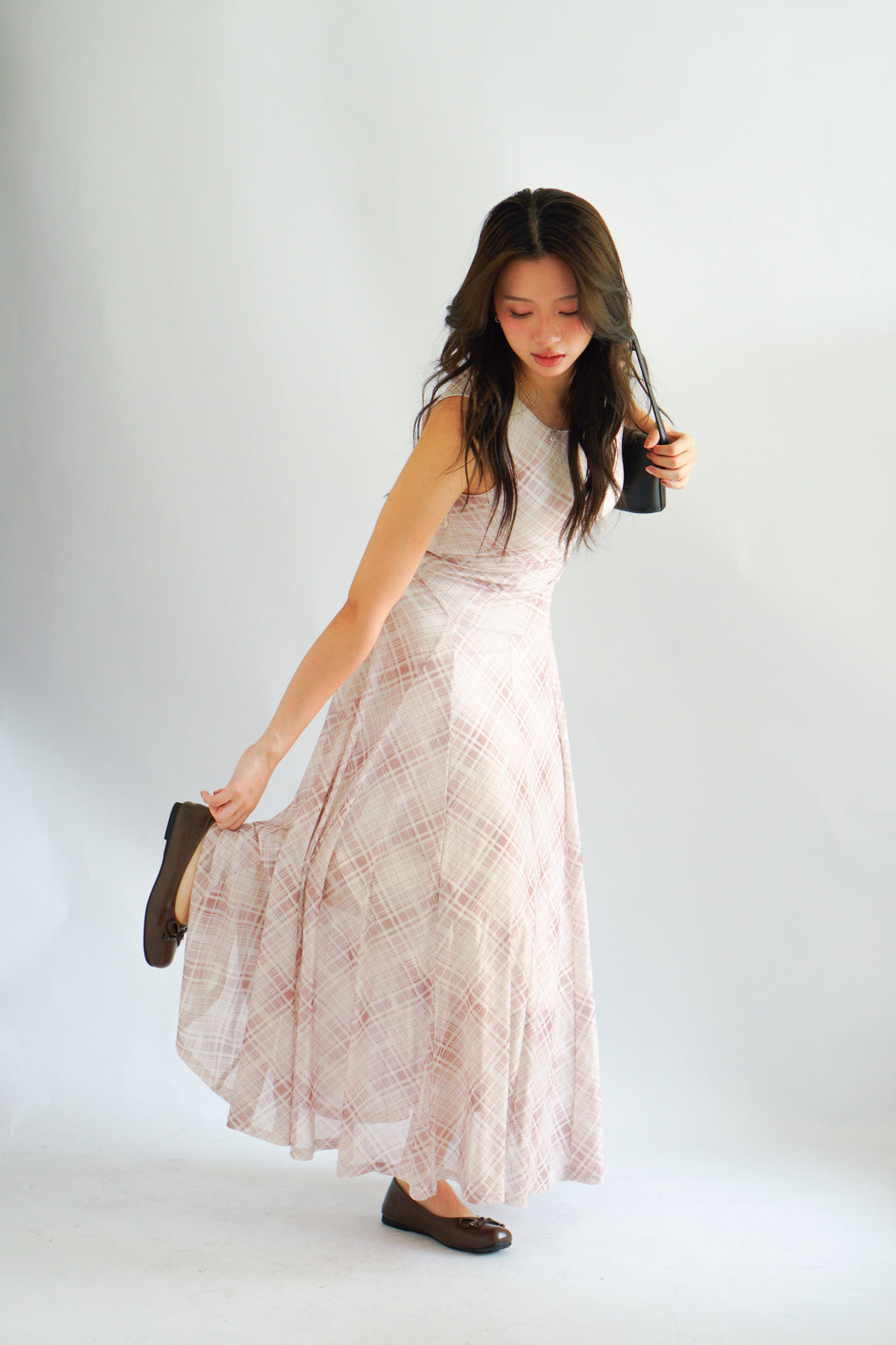 Shermaine Plaid A-line Maxi Dress in Beige Khaki