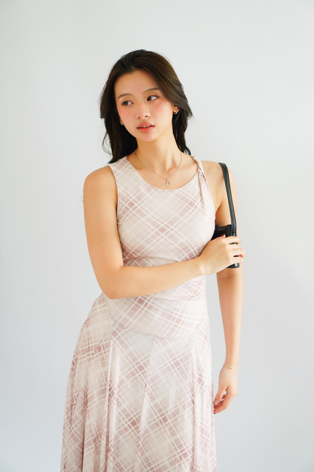Shermaine Plaid A-line Maxi Dress in Beige Khaki
