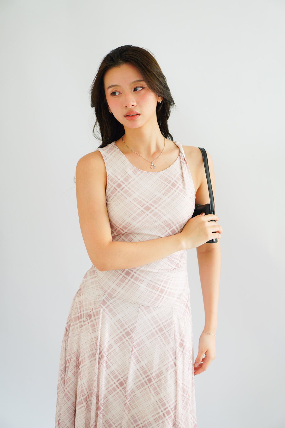 Shermaine Plaid A-line Maxi Dress in Beige Khaki