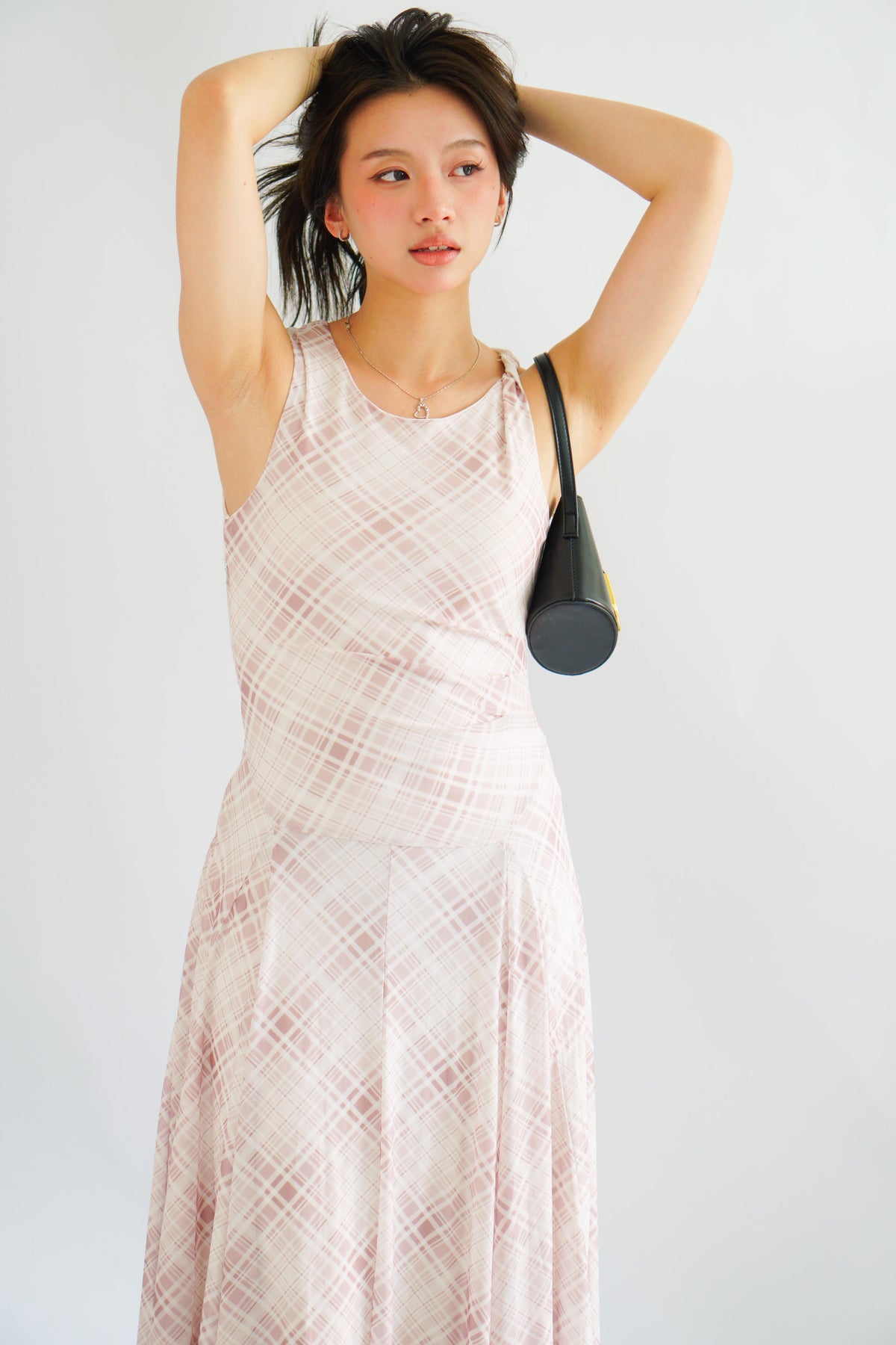 Shermaine Plaid A-line Maxi Dress in Beige Khaki