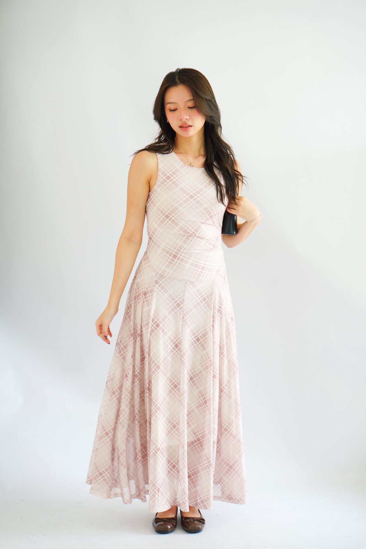 Shermaine Plaid A-line Maxi Dress in Beige Khaki