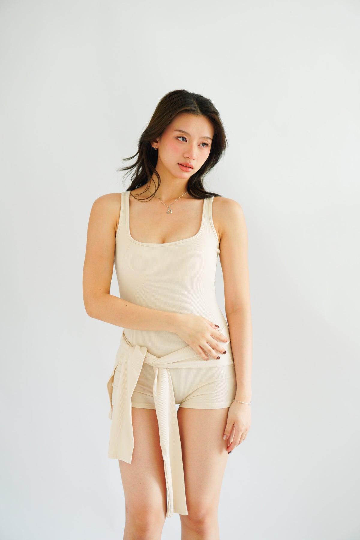 Lovi Padded Jumpsuit with Self Tied Scarf in Beige