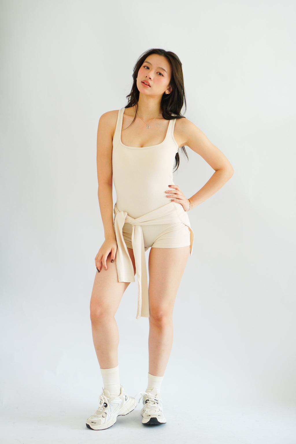 Lovi Padded Jumpsuit with Self Tied Scarf in Beige