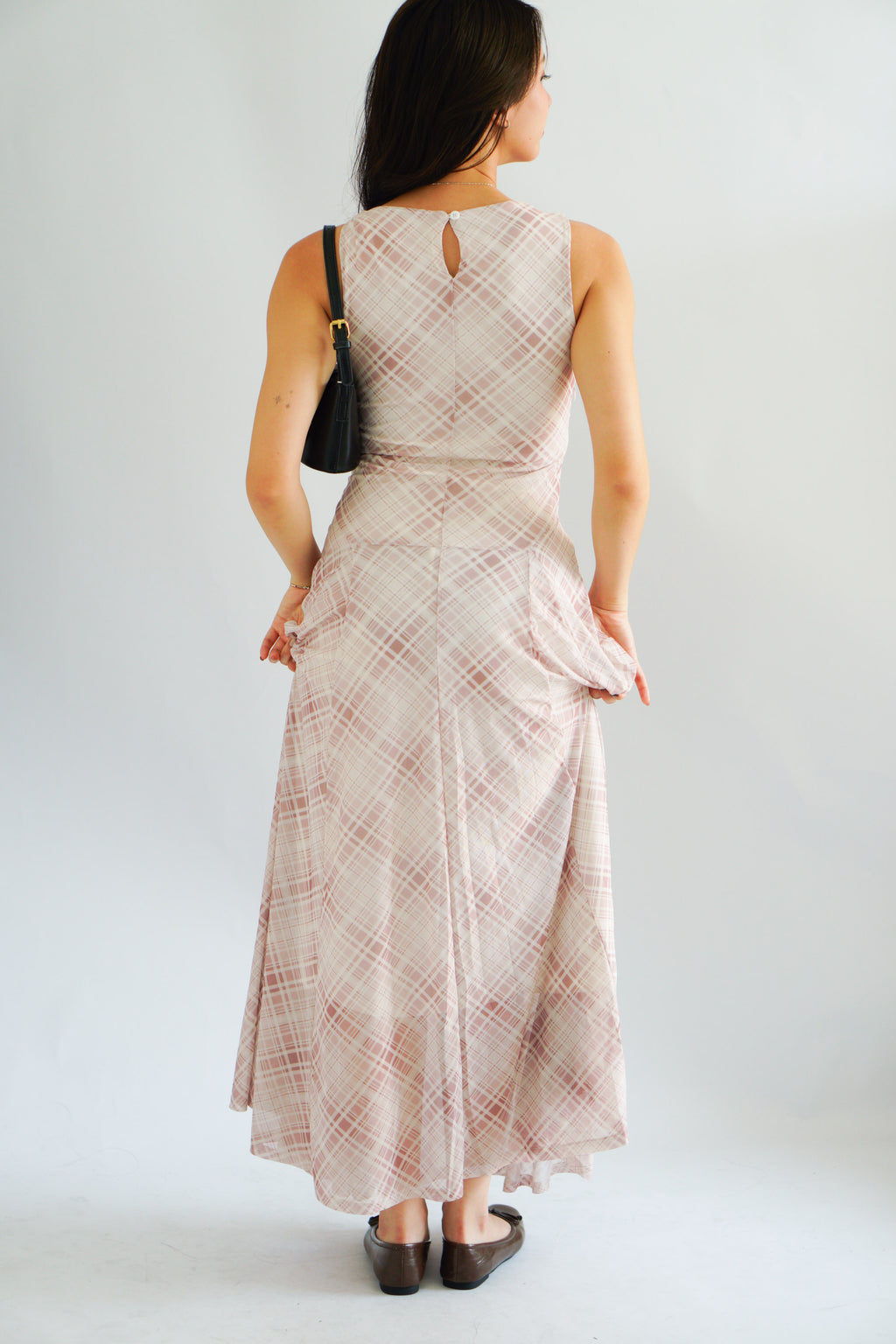 Shermaine Plaid A-line Maxi Dress in Beige Khaki