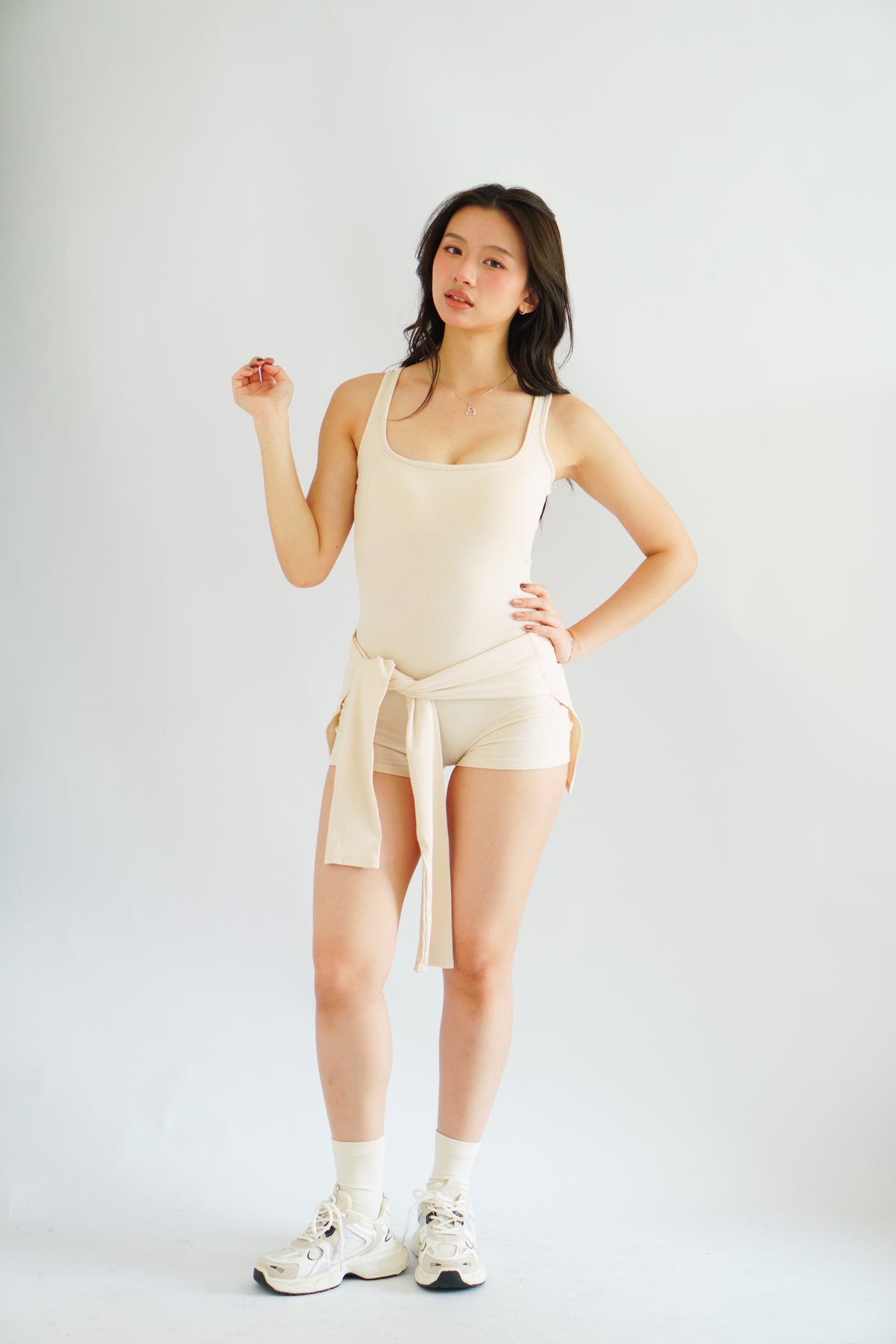 Lovi Padded Jumpsuit with Self Tied Scarf in Beige
