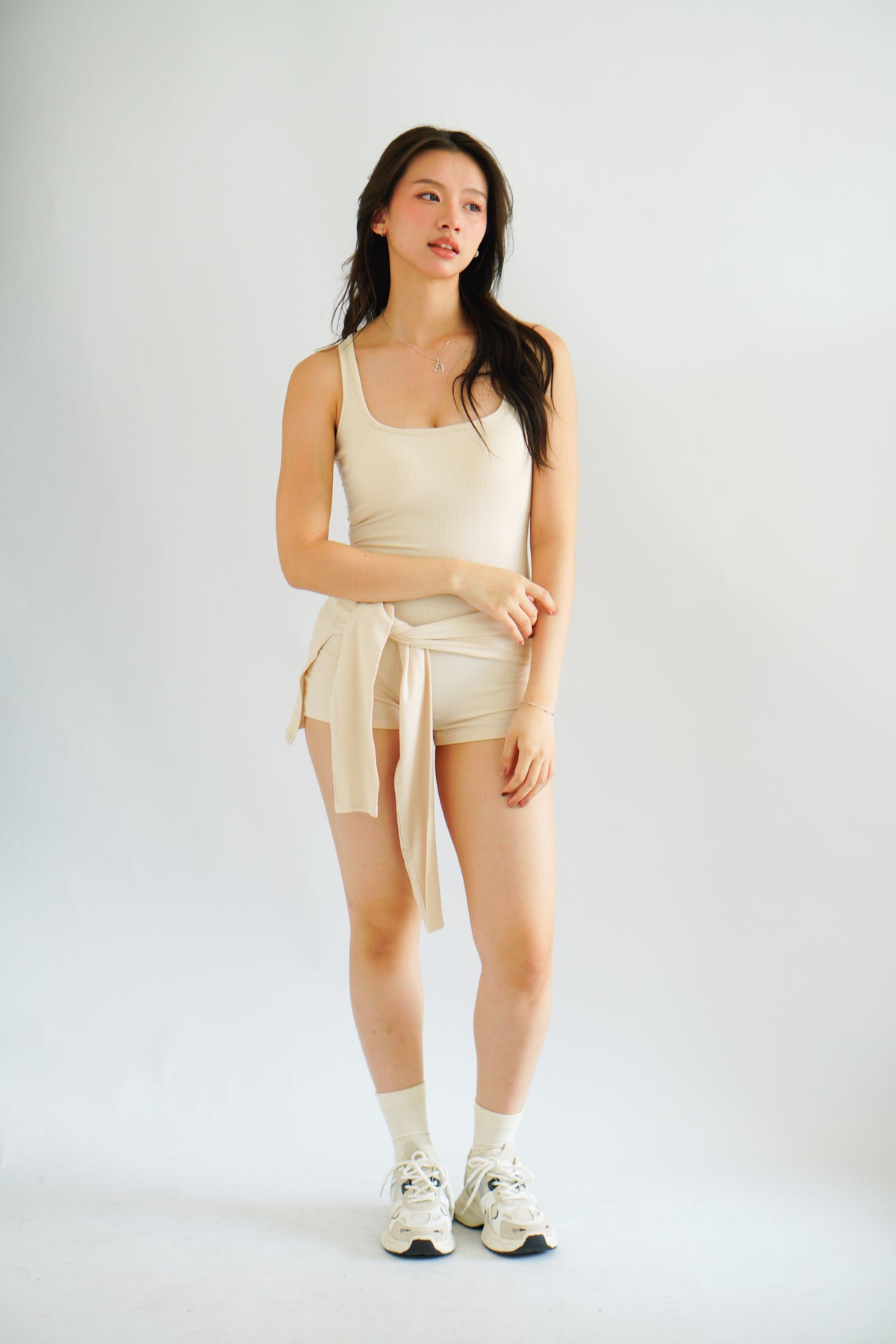 Lovi Padded Jumpsuit with Self Tied Scarf in Beige