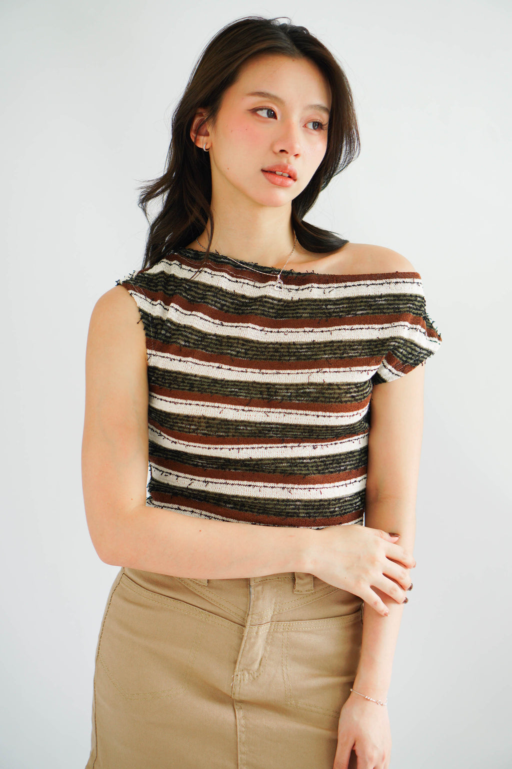 Atalia Stripes Textured Top in Brown