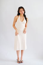 Georgina Self Tied Halter Neck V Neck Midi Dress in Beige
