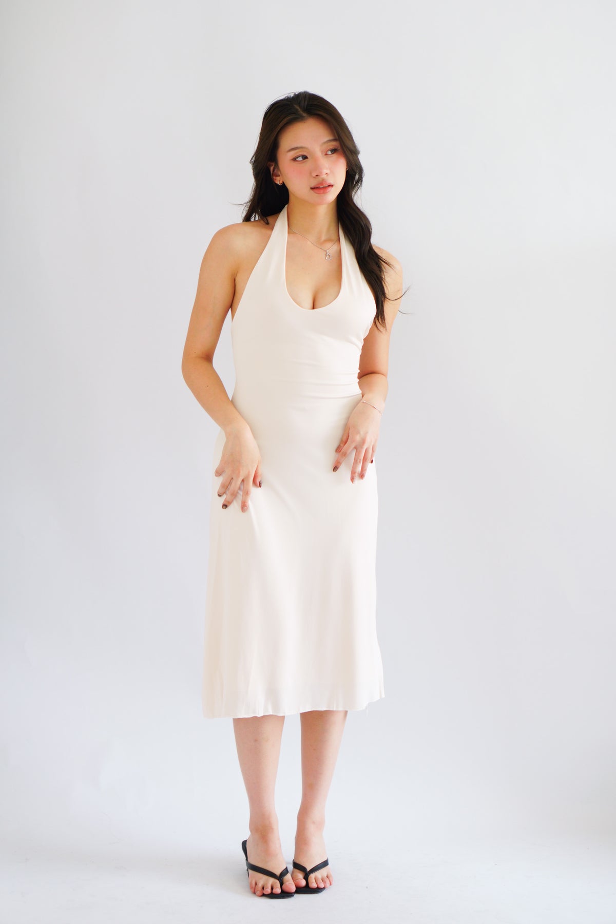 Georgina Self Tied Halter Neck V Neck Midi Dress in Beige
