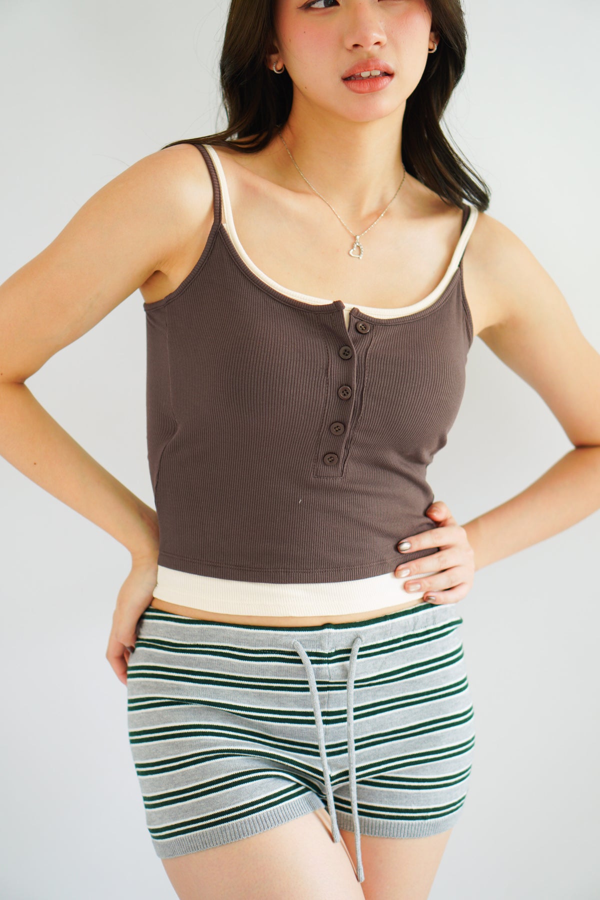 Rhon Faux 2 Layer Padded Camisole Top in Brown & Beige