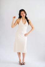 Georgina Self Tied Halter Neck V Neck Midi Dress in Beige