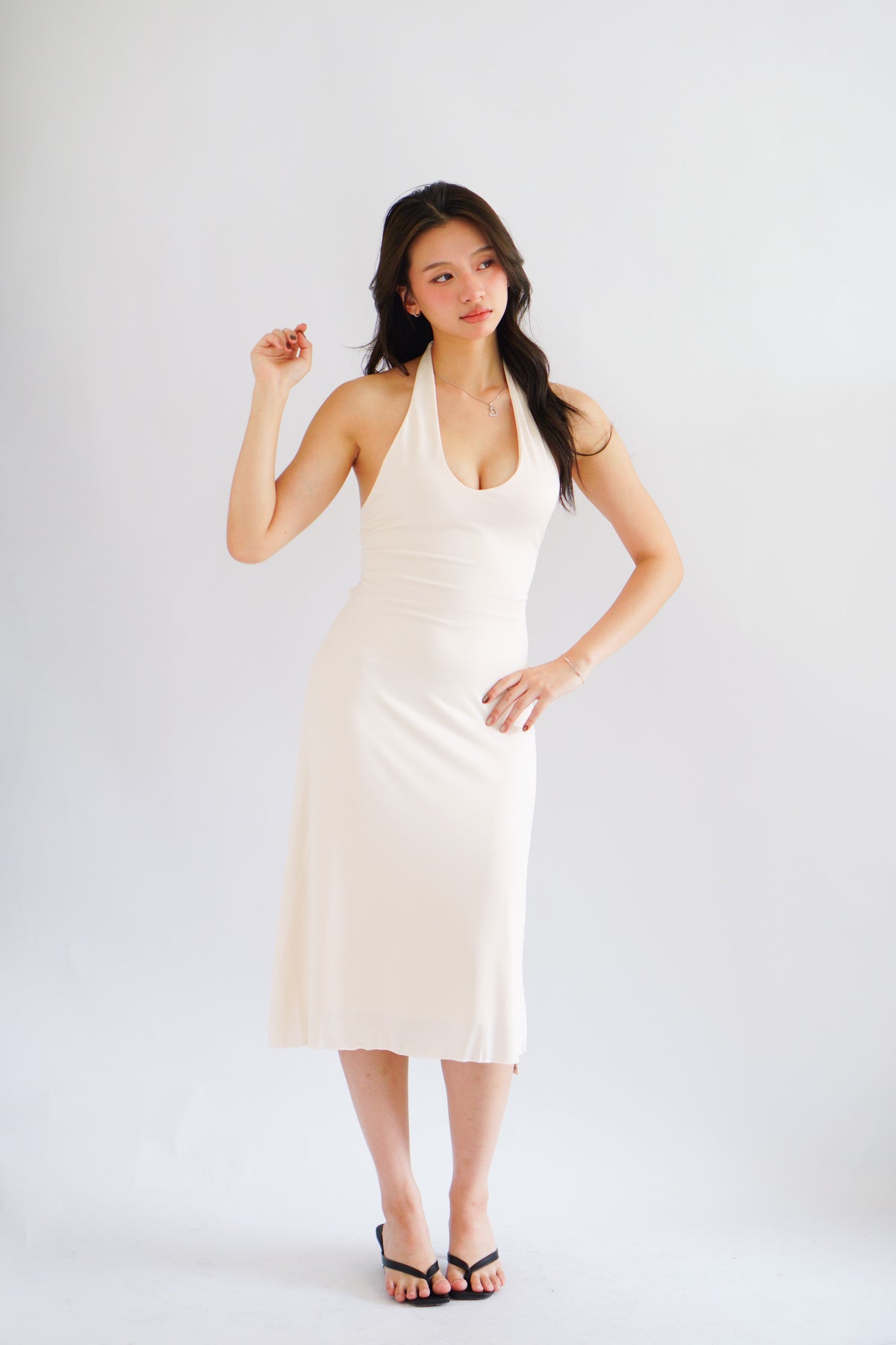 Georgina Self Tied Halter Neck V Neck Midi Dress in Beige
