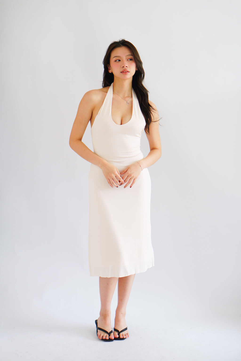 Georgina Self Tied Halter Neck V Neck Midi Dress in Beige