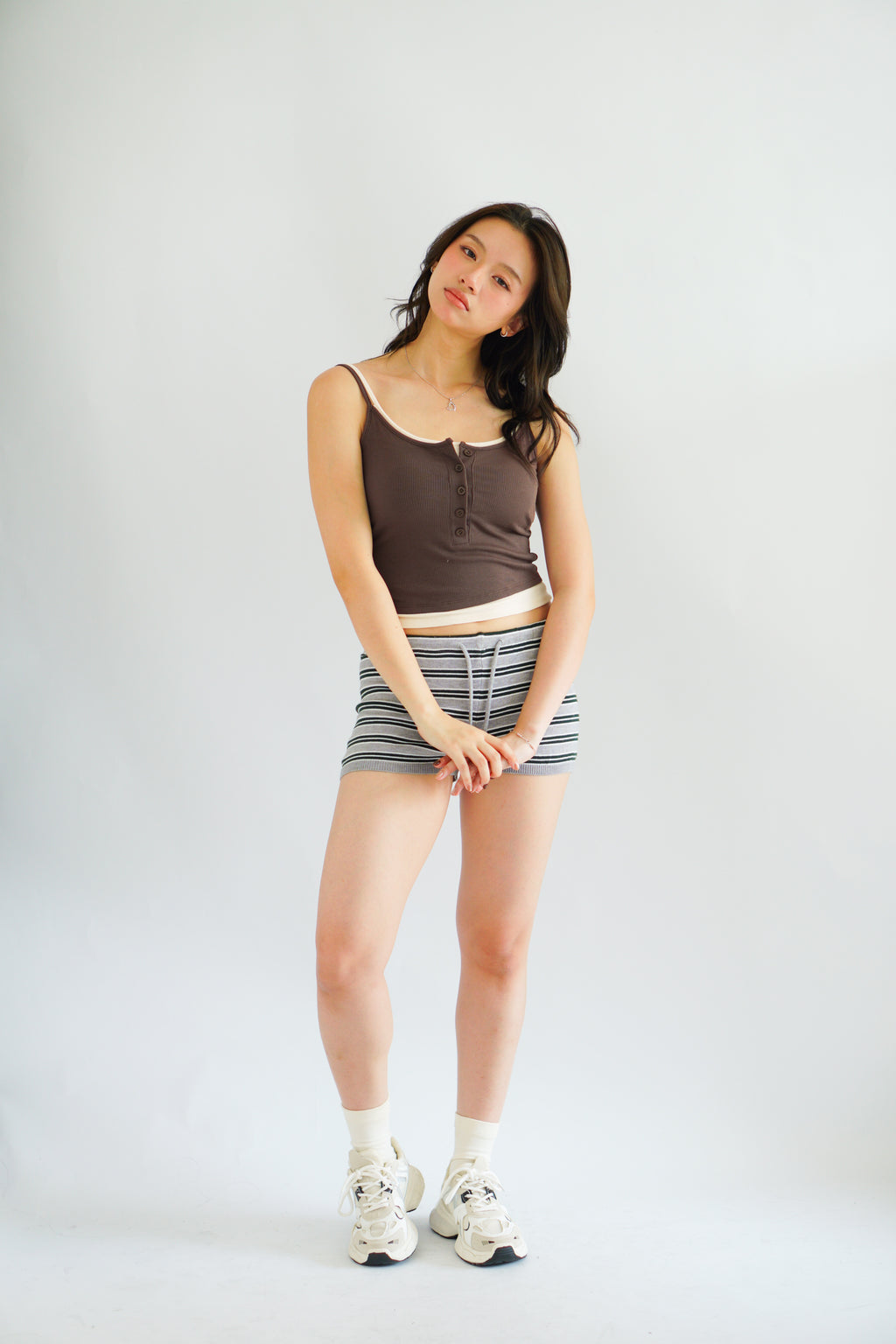 Rhon Faux 2 Layer Padded Camisole Top in Brown & Beige