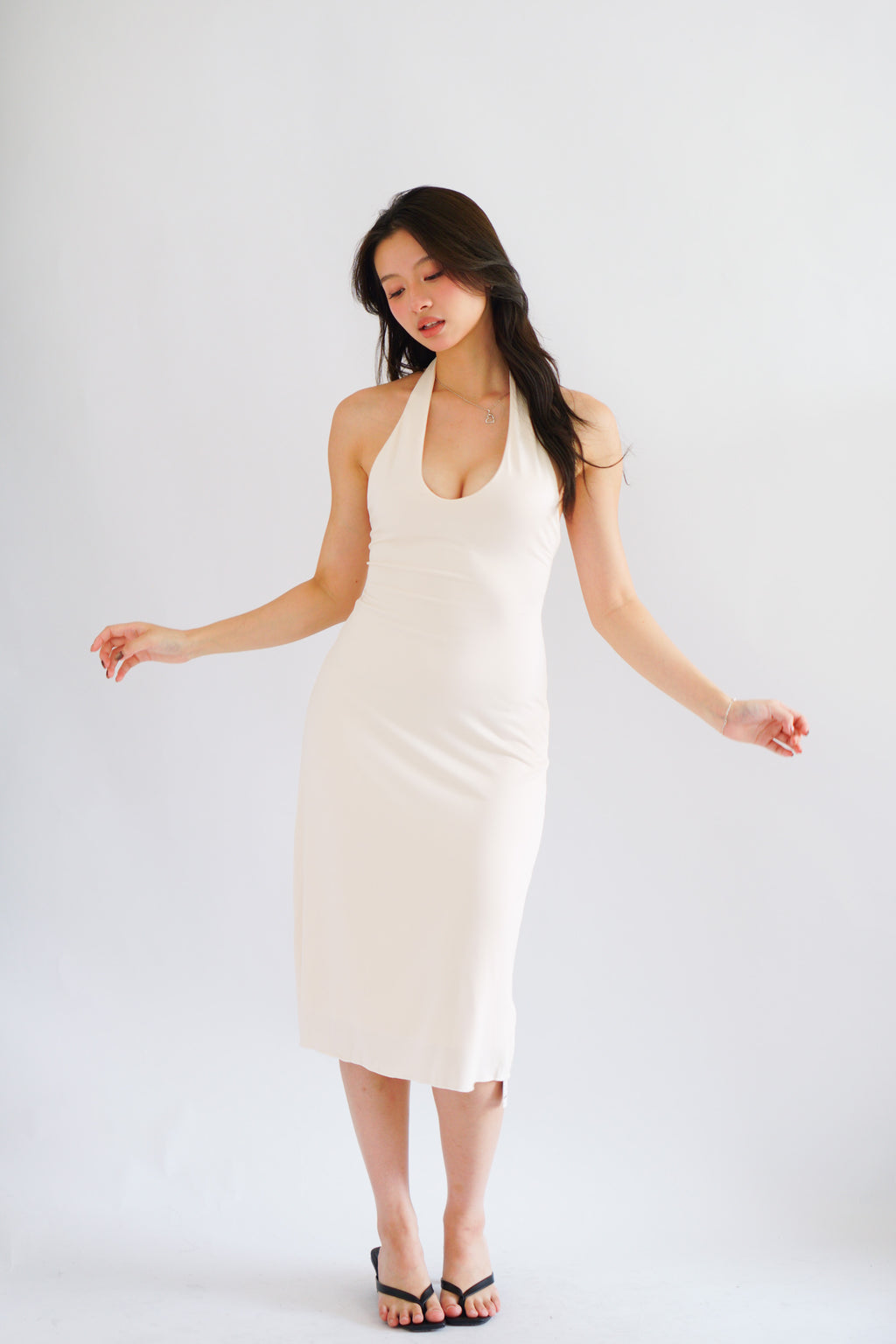 Georgina Self Tied Halter Neck V Neck Midi Dress in Beige