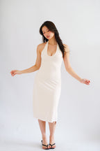 Georgina Self Tied Halter Neck V Neck Midi Dress in Beige