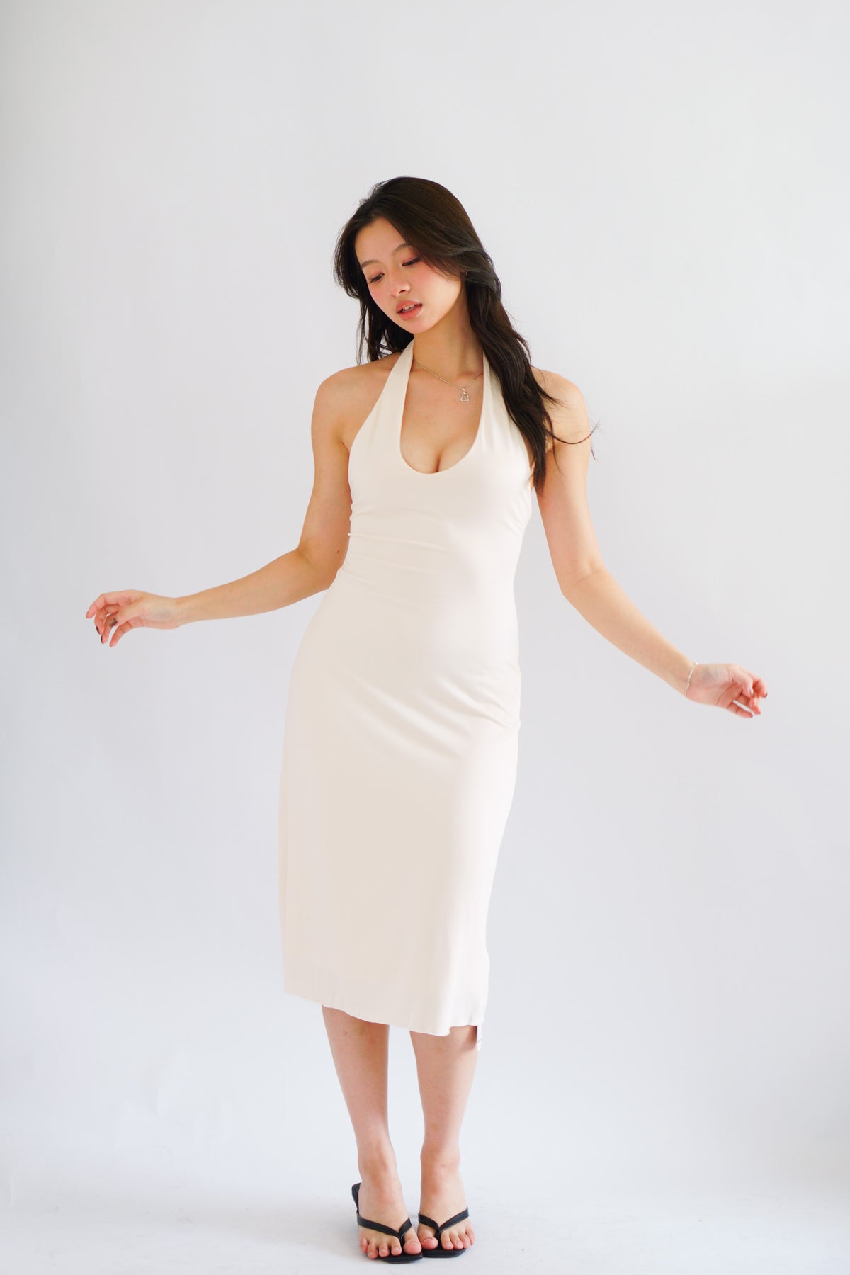 Georgina Self Tied Halter Neck V Neck Midi Dress in Beige