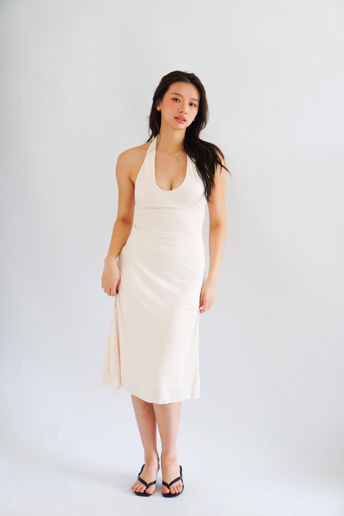 Georgina Self Tied Halter Neck V Neck Midi Dress in Beige