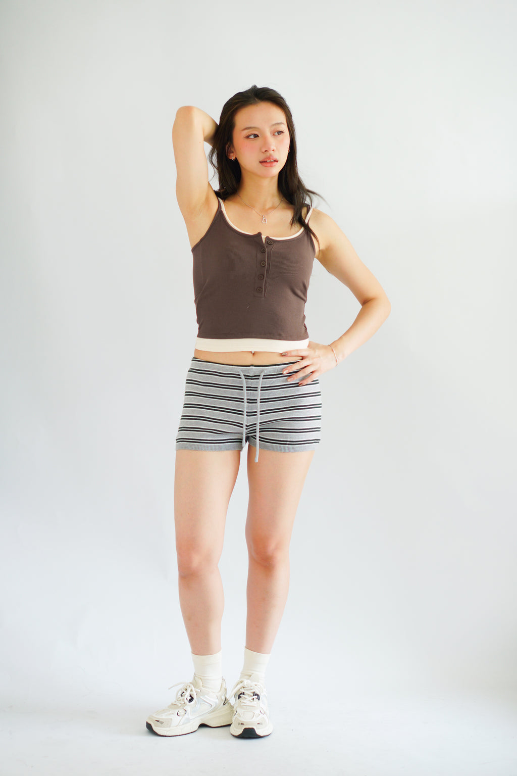 Rhon Faux 2 Layer Padded Camisole Top in Brown & Beige