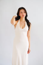 Georgina Self Tied Halter Neck V Neck Midi Dress in Beige