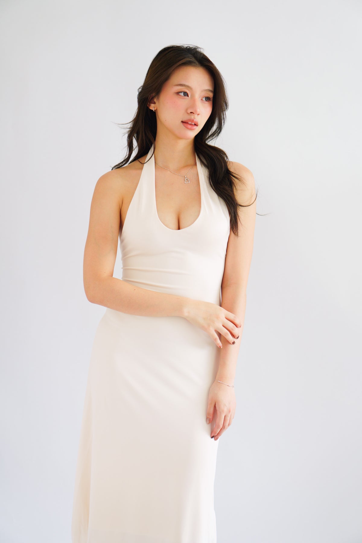 Georgina Self Tied Halter Neck V Neck Midi Dress in Beige