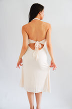 Georgina Self Tied Halter Neck V Neck Midi Dress in Beige