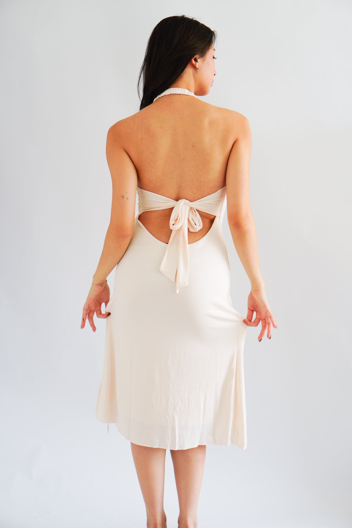 Georgina Self Tied Halter Neck V Neck Midi Dress in Beige