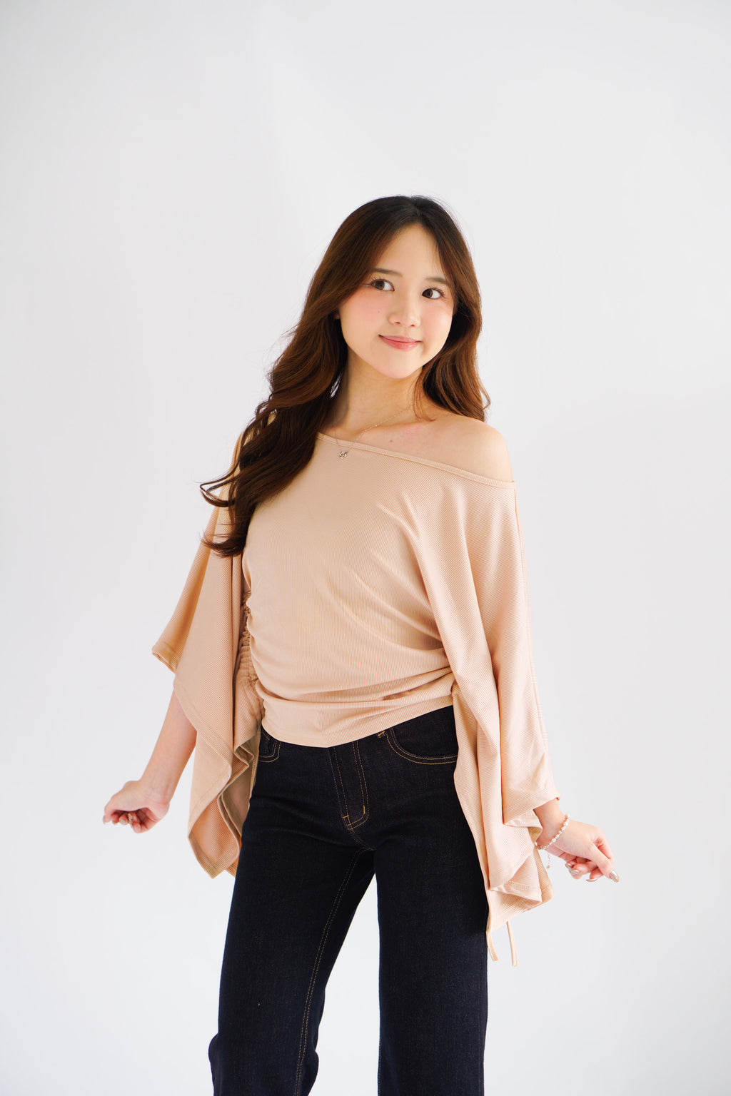 Jojo Toga Flutter Sleeves Top in Light Khaki