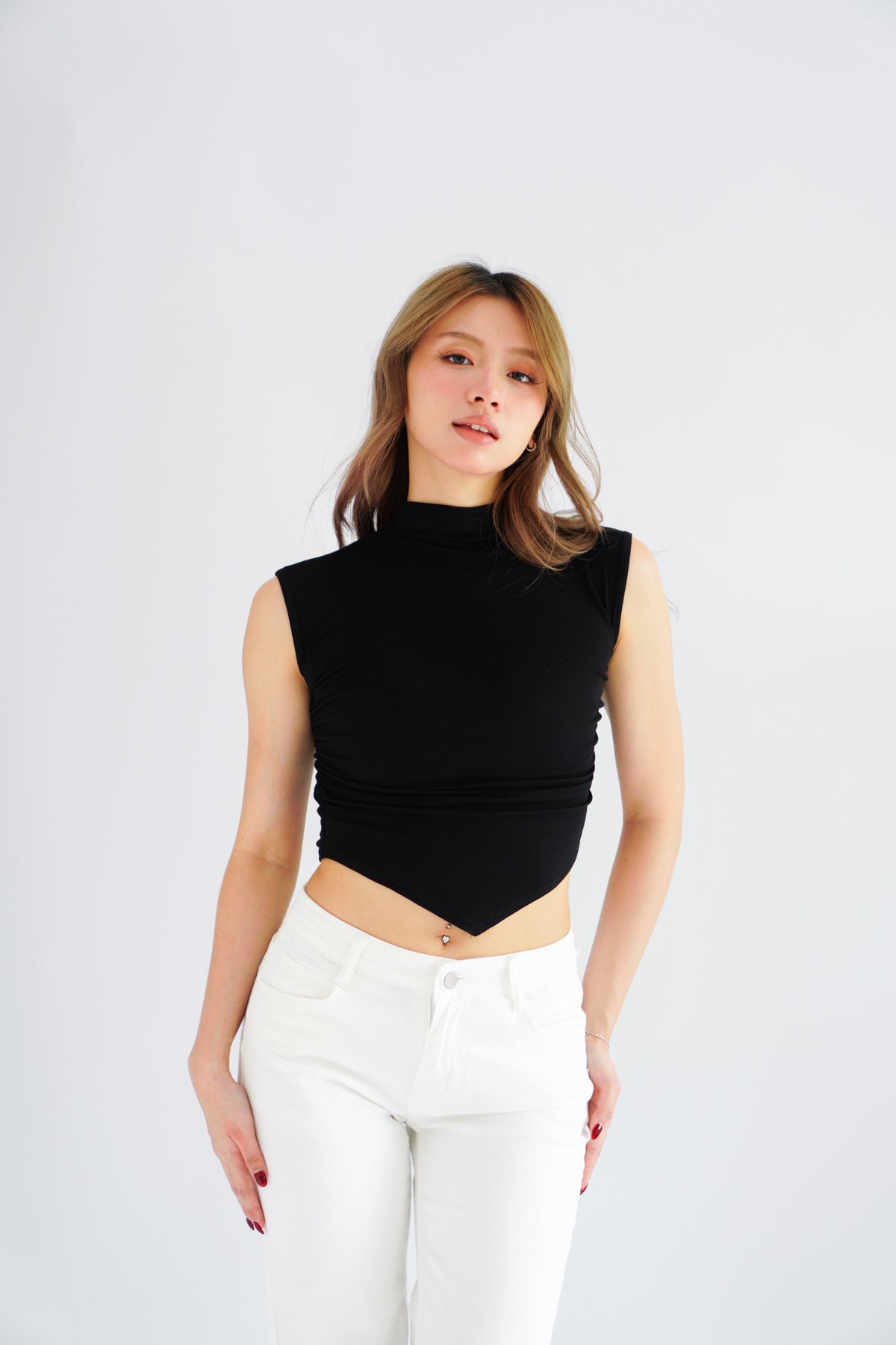 Elysia Basic High Neck Ruched Waist Top in Black