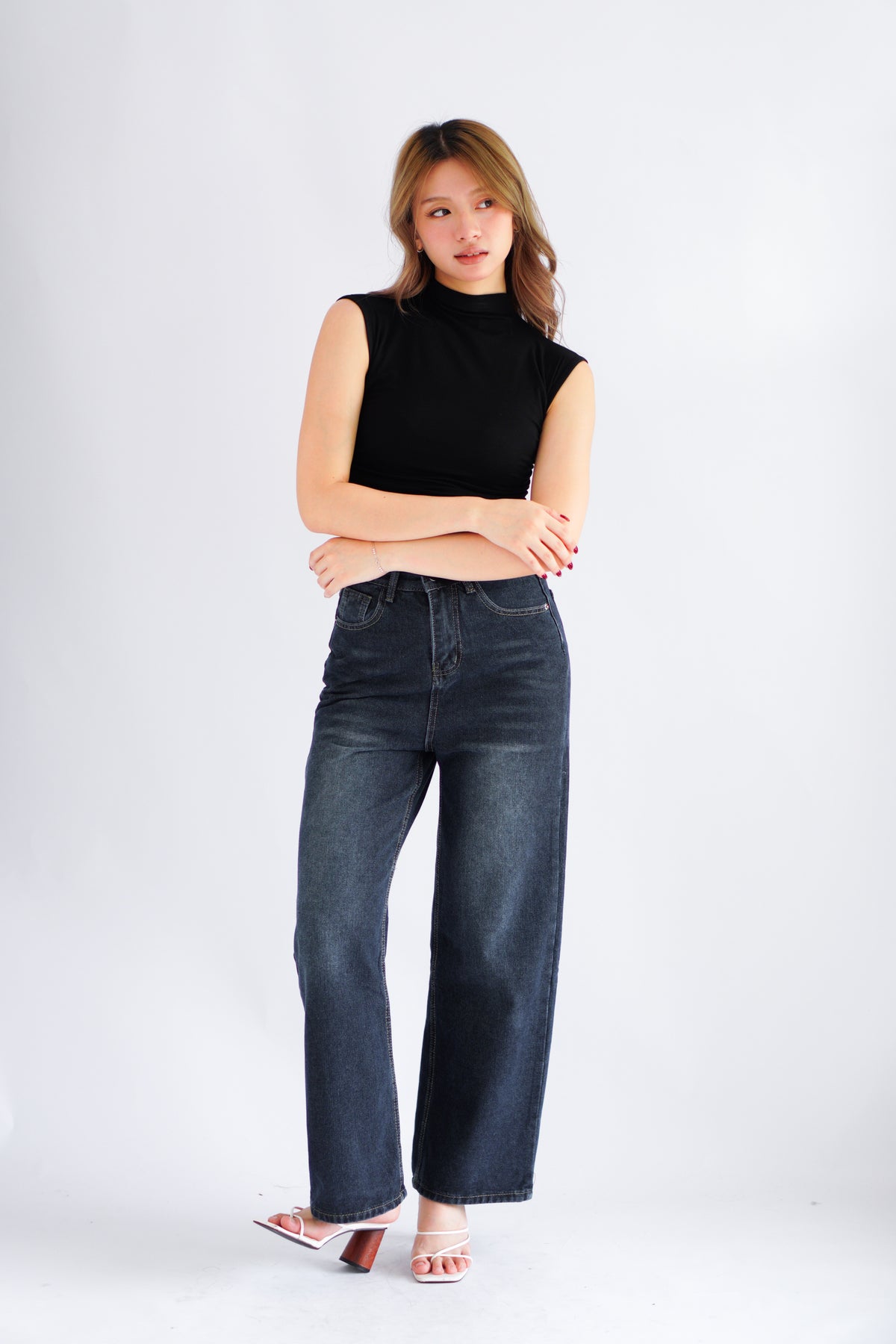 Elysia Basic High Neck Ruched Waist Top in Black
