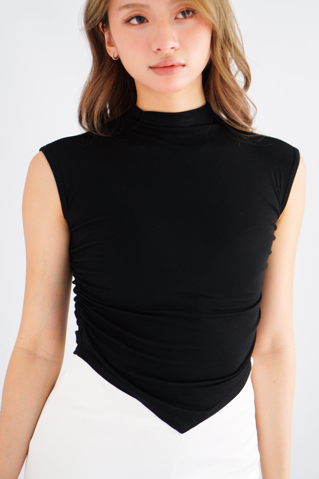 Elysia Basic High Neck Ruched Waist Top in Black