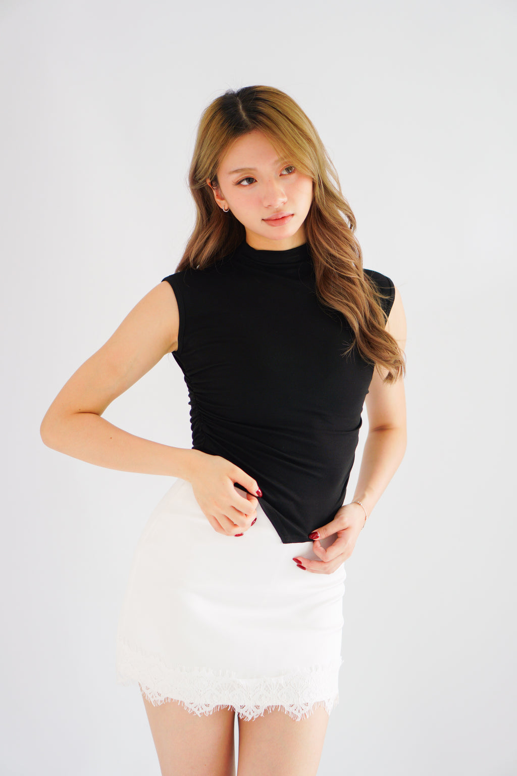 Elysia Basic High Neck Ruched Waist Top in Black