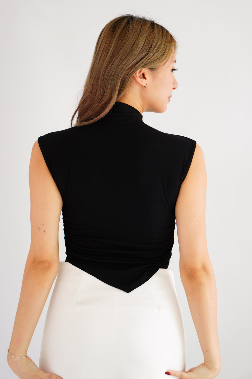 Elysia Basic High Neck Ruched Waist Top in Black