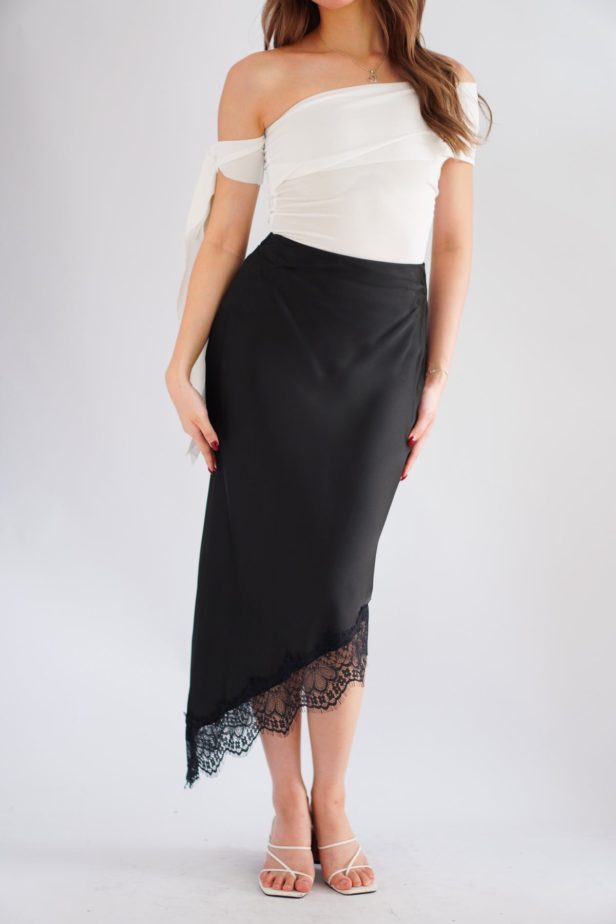 Suzette Asymmetrical Lace Satin Skirt in Black