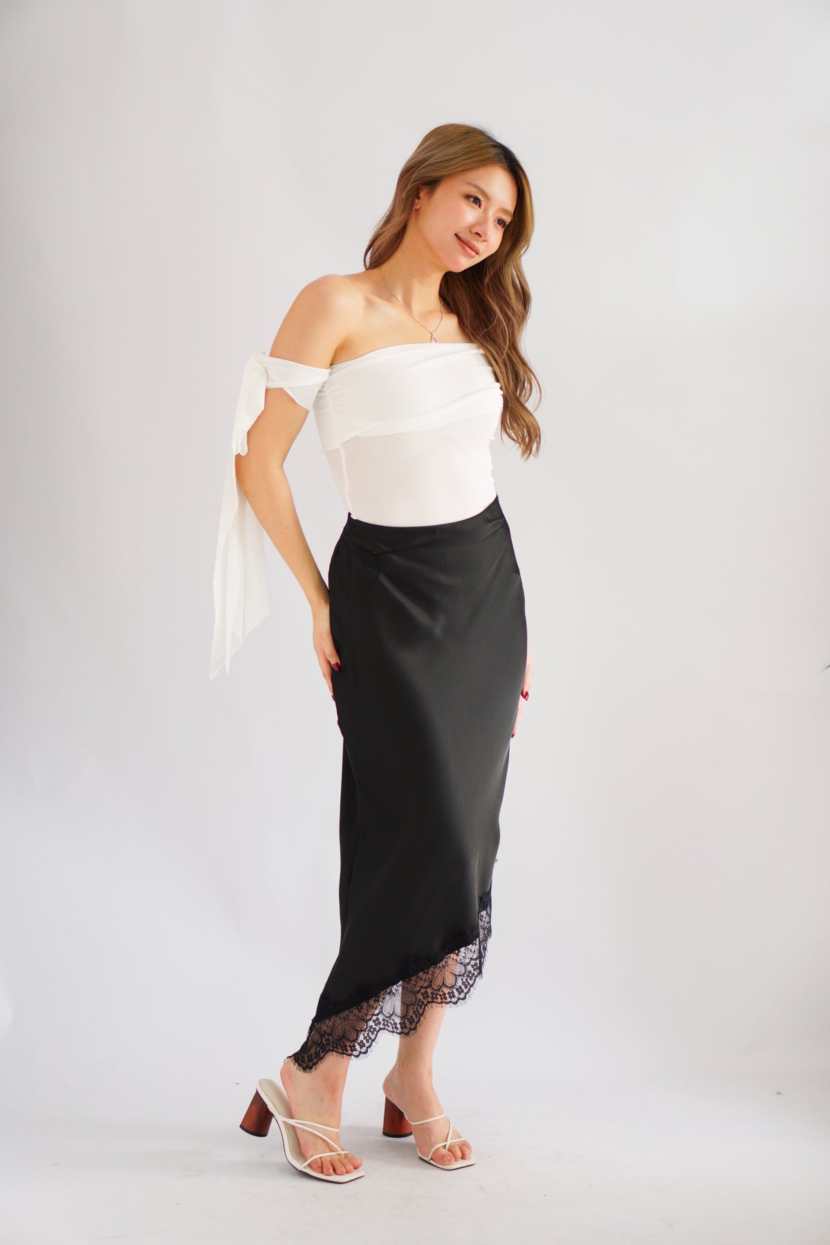 Suzette Asymmetrical Lace Satin Skirt in Black