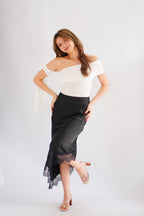 Suzette Asymmetrical Lace Satin Skirt in Black