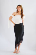 Suzette Asymmetrical Lace Satin Skirt in Black