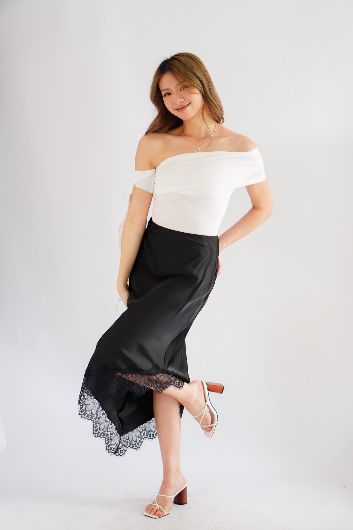 Suzette Asymmetrical Lace Satin Skirt in Black