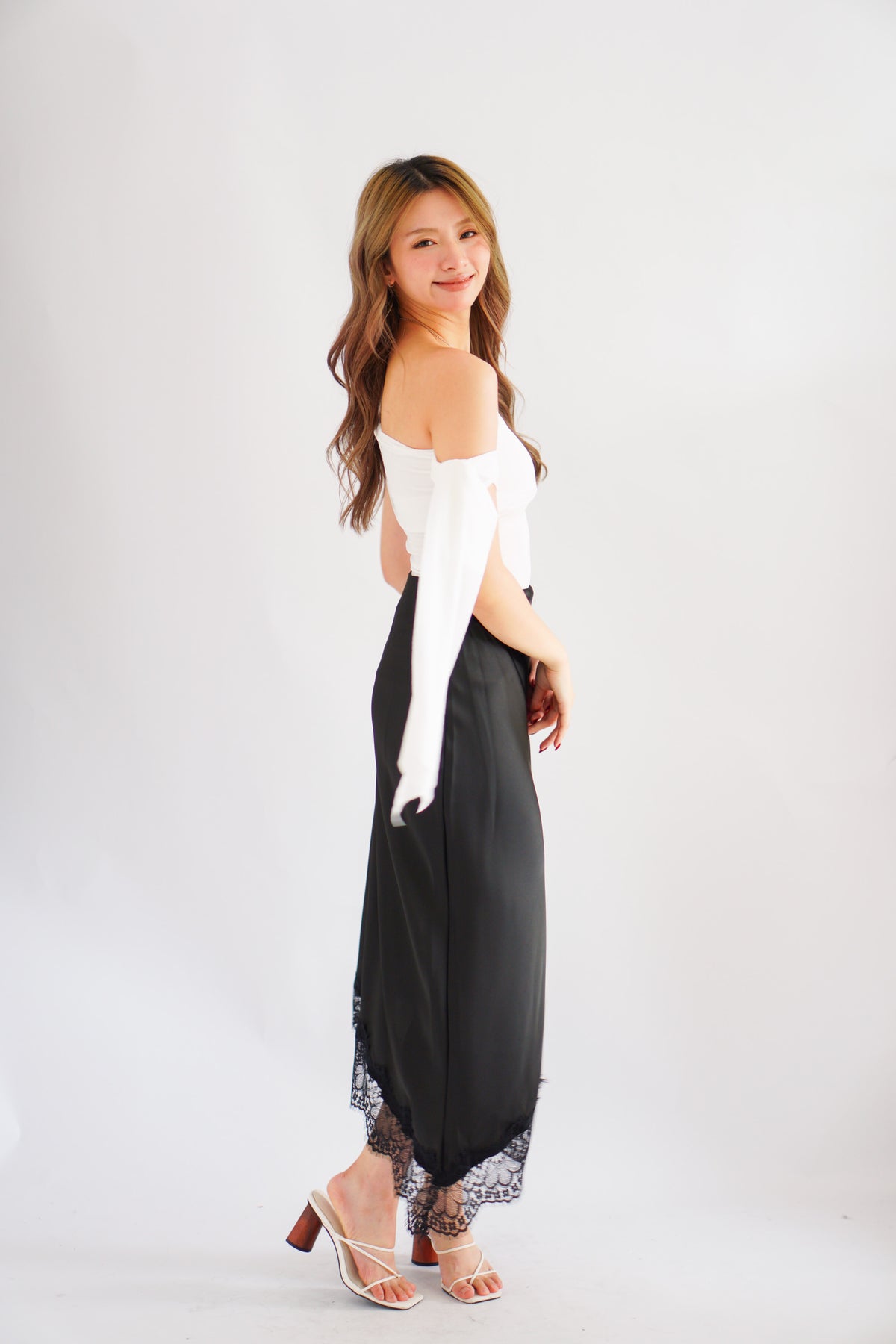 Suzette Asymmetrical Lace Satin Skirt in Black