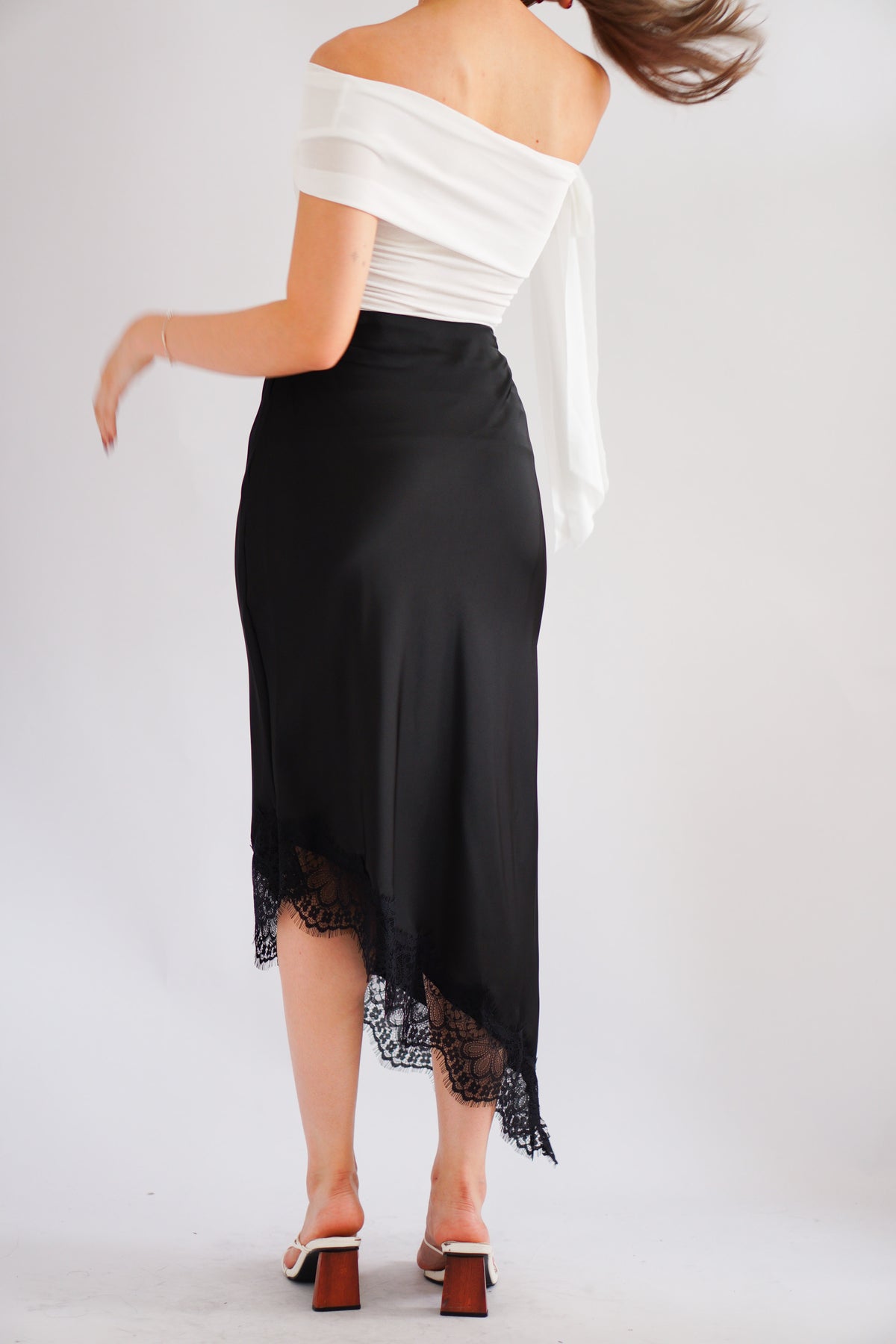 Suzette Asymmetrical Lace Satin Skirt in Black