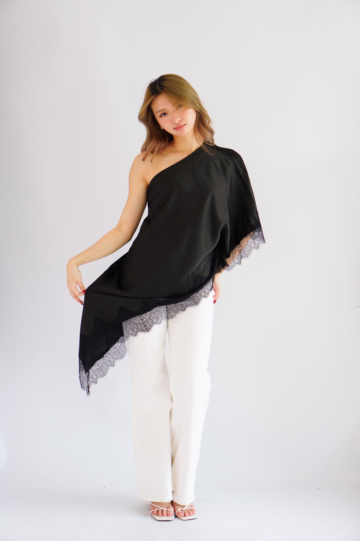 Marceline Lace Satin Toga Top in Black