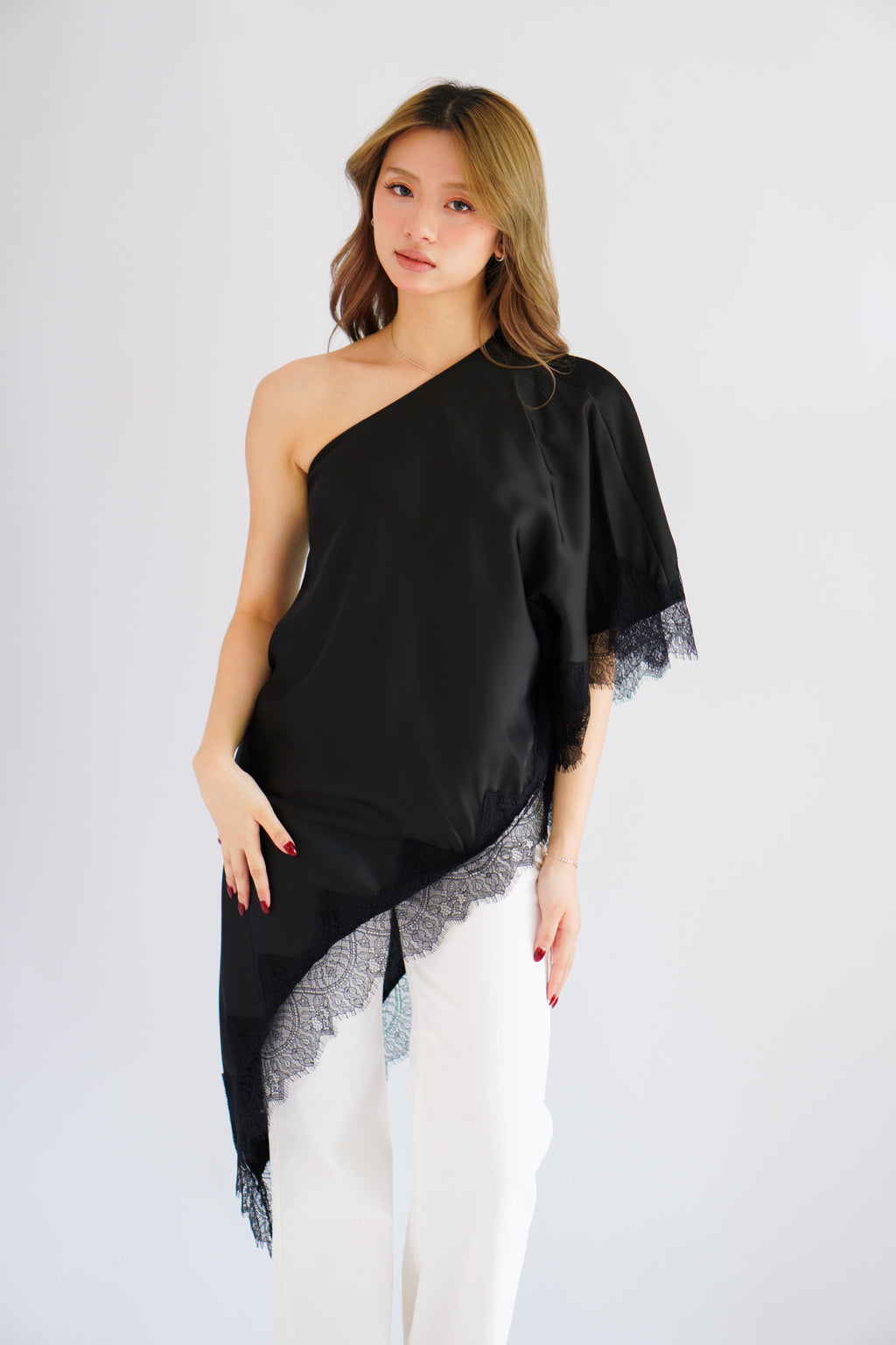 Marceline Lace Satin Toga Top in Black